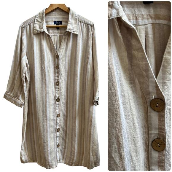 Denim & Co Beach Linen Flax Blend Striped Button Front Shirt Dress Coverup Large - Picture 1 of 14